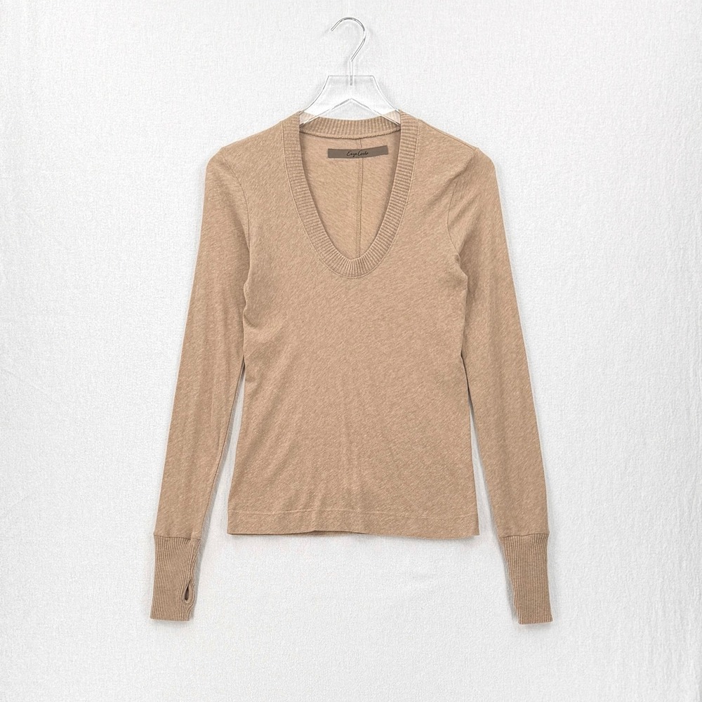 ENZA COSTA Cashmere Easy Cuffed U Top Womens Small Khaki Long Sleeve Tee Shirt - Picture 2 of 13